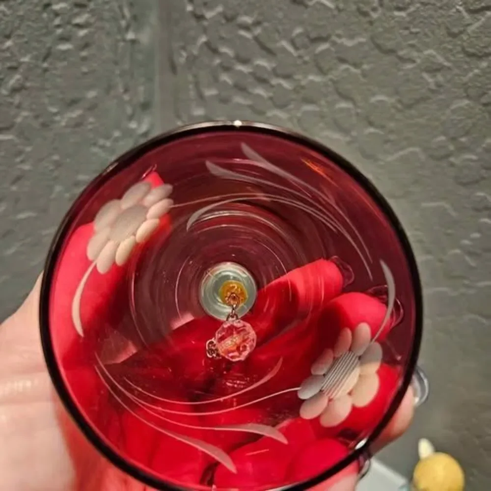 Cranberry Glass Collectors Bell Bohemian Czech Crystal with Etched Glass 5
